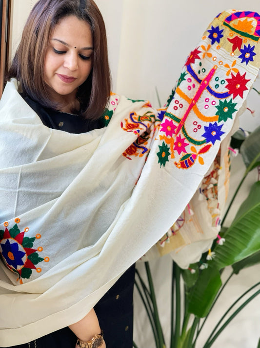 Cream Handwoven Woollen Shawl with Thread and Foil Mirror Handwork - Masakalee