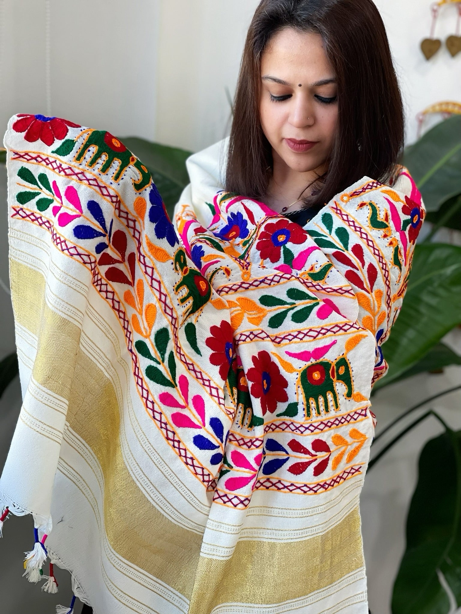 Cream Handwoven Woollen Shawl with Thread and Foil Mirror Handwork - Masakalee