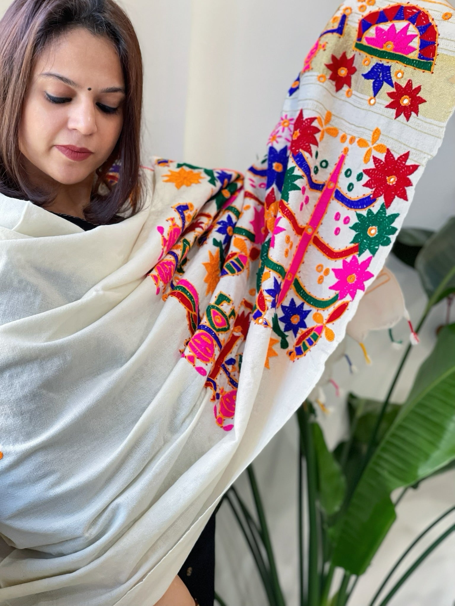 Cream Handwoven Woollen Shawl with Thread and Foil Mirror Handwork - Masakalee