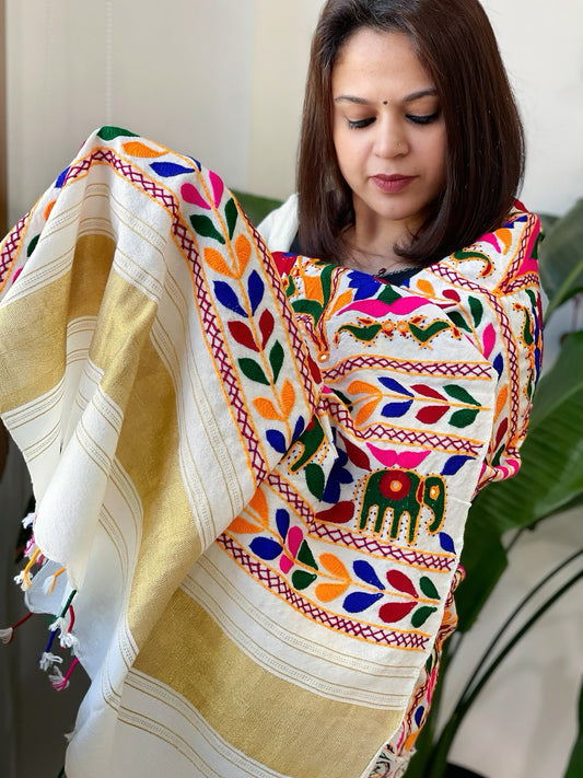 Cream Handwoven Woollen Shawl with Thread and Foil Mirror Handwork - Masakalee