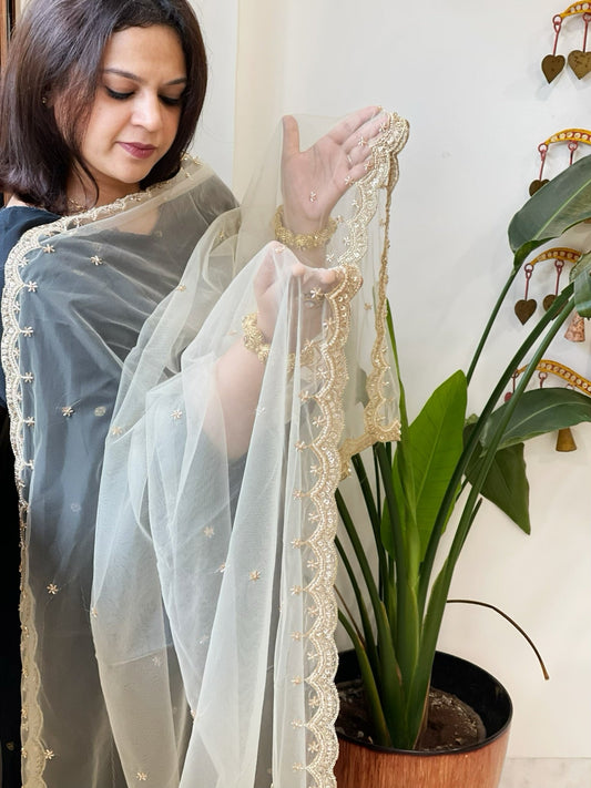 Cream Net Dupatta with Pearl, Sequin and Cut Daana Embroidery - Masakalee