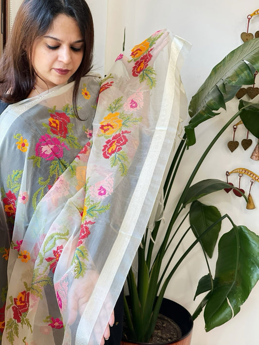 Cream Organza Dupatta with cross - stitch embroidery - Masakalee