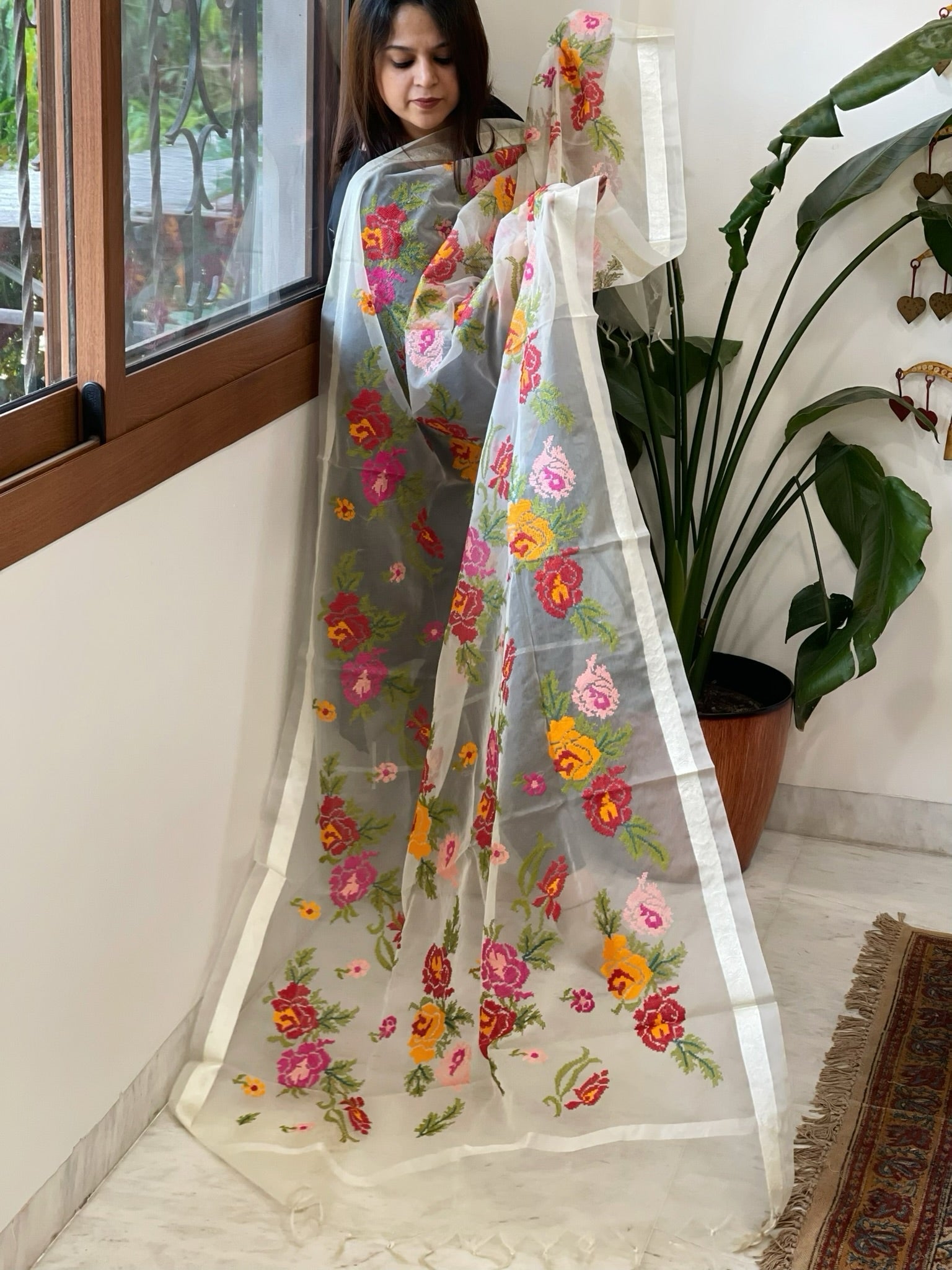 Cream Organza Dupatta with cross - stitch embroidery - Masakalee