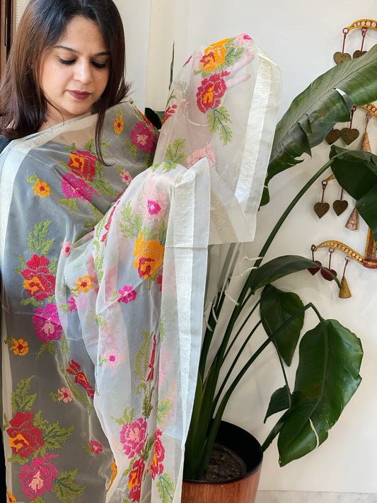 Cream Organza Dupatta with cross - stitch embroidery - Masakalee