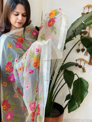 Cream Organza Dupatta with cross - stitch embroidery - Masakalee