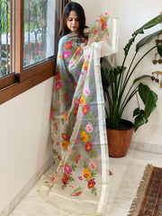 Cream Organza Dupatta with cross - stitch embroidery - Masakalee