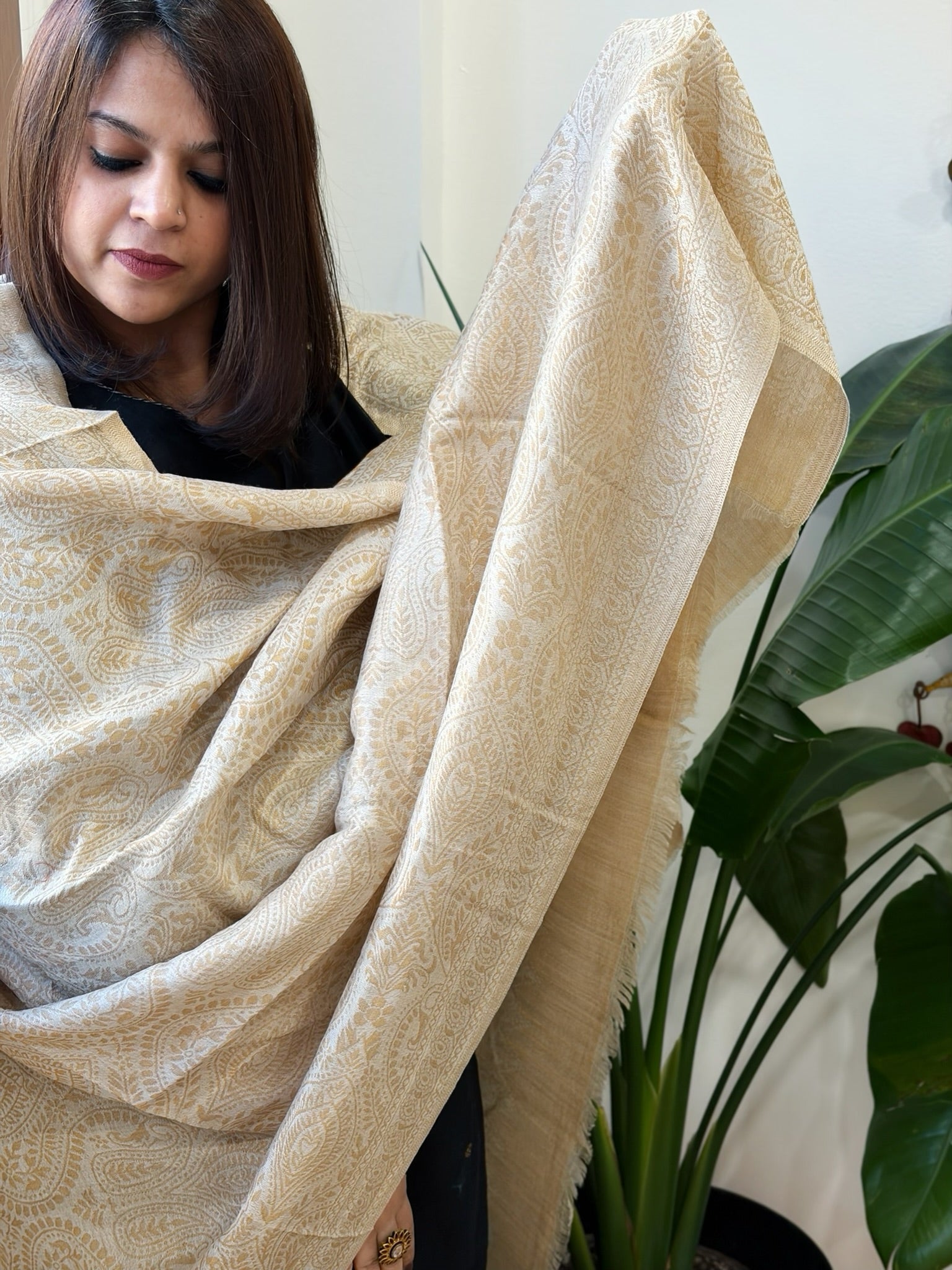Cream Pashmina Shawl with Zari - Masakalee