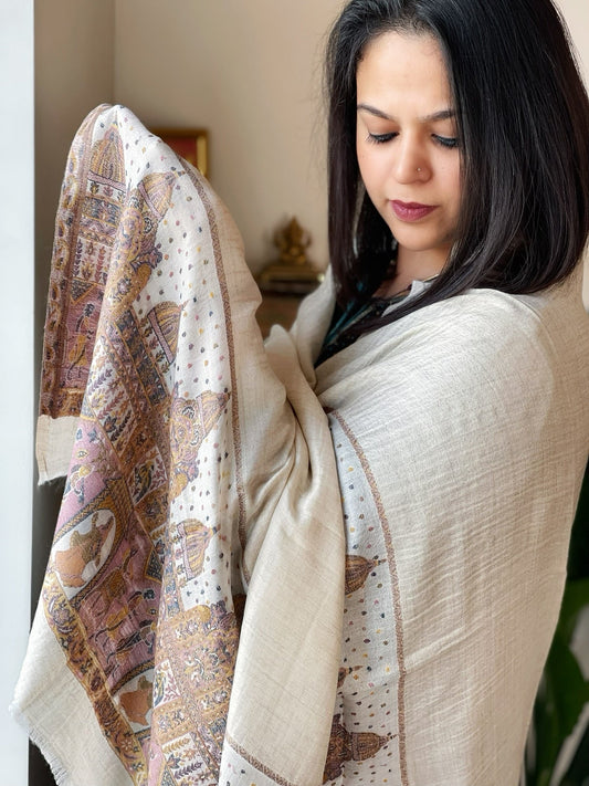 Cream Pashmina Stole with Shehnai Baraat Kaani Pallu - Masakalee