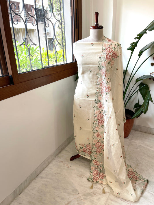 Cream Suit Set with Cross - Stitch Embroidery in Pure Mul Chanderi - Masakalee