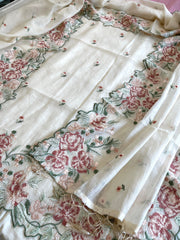 Cream Suit Set with Cross - Stitch Embroidery in Pure Mul Chanderi - Masakalee