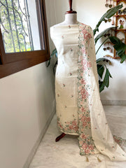 Cream Suit Set with Cross - Stitch Embroidery in Pure Mul Chanderi - Masakalee