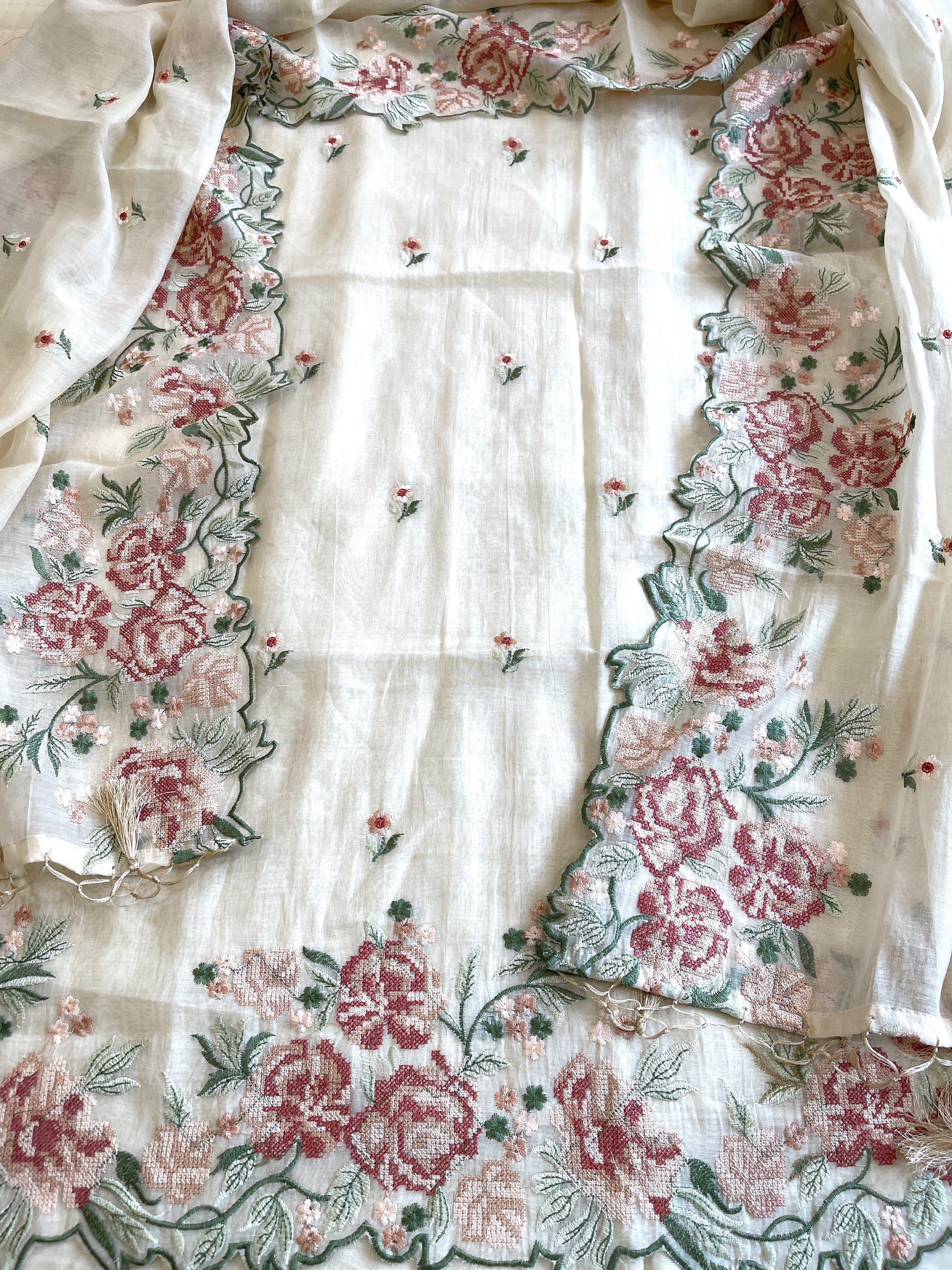 Cream Suit Set with Cross - Stitch Embroidery in Pure Mul Chanderi - Masakalee