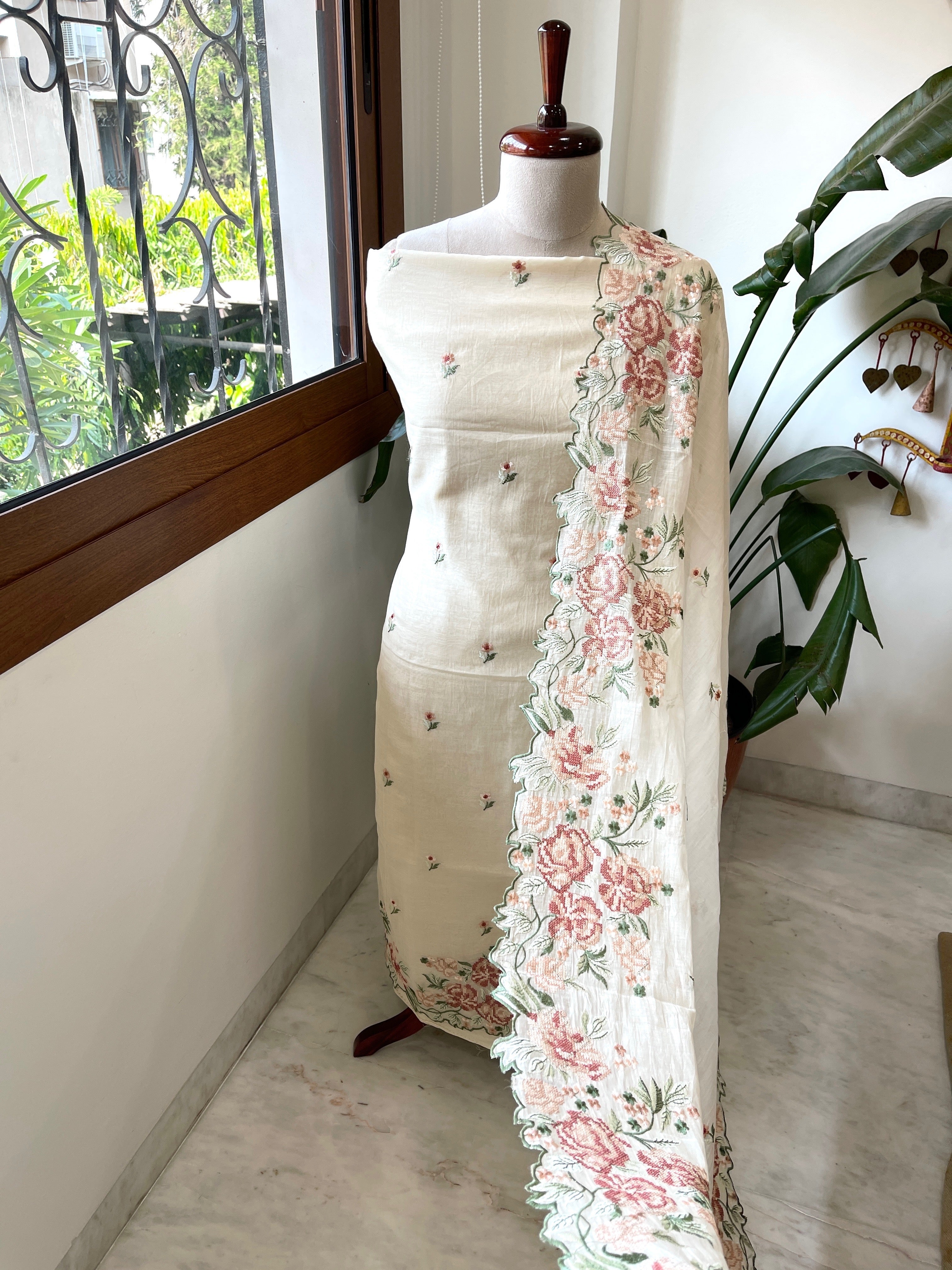 Cream Suit Set with Cross - Stitch Embroidery in Pure Mul Chanderi - Masakalee