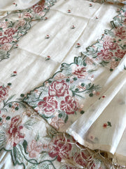 Cream Suit Set with Cross - Stitch Embroidery in Pure Mul Chanderi - Masakalee