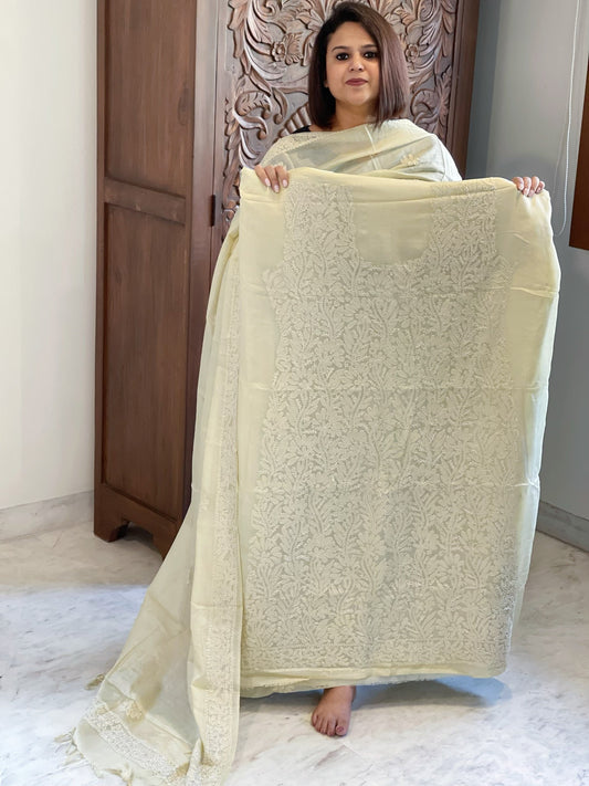 Cream Suit Set with Lucknowi Handwork in Pure Tussar Silk - Masakalee