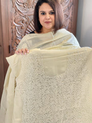 Cream Suit Set with Lucknowi Handwork in Pure Tussar Silk - Masakalee