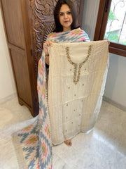 Cream Suit Set with Sequin and Knot handwork in Mul Chanderi - Masakalee