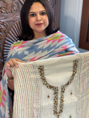 Cream Suit Set with Sequin and Knot handwork in Mul Chanderi - Masakalee