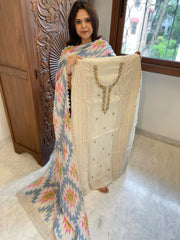 Cream Suit Set with Sequin and Knot handwork in Mul Chanderi - Masakalee