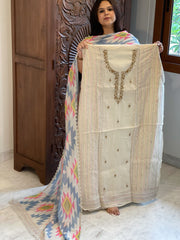 Cream Suit Set with Sequin and Knot handwork in Mul Chanderi - Masakalee