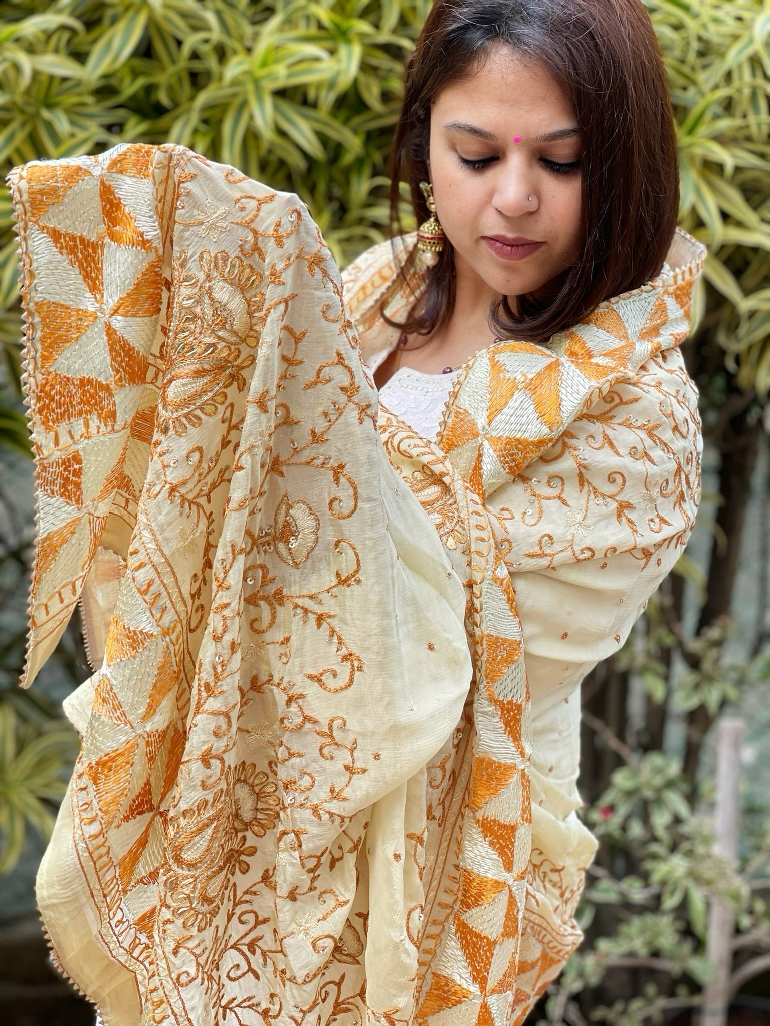 Cream with Lime Tinge Handmade Phulkari Dupatta in Pure Chinon with Gotapatti Handwork - Masakalee
