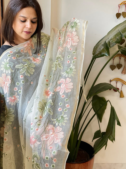 Cream with Lime Tinge Kota Cotton Dupatta with Thread Embroidery - Masakalee
