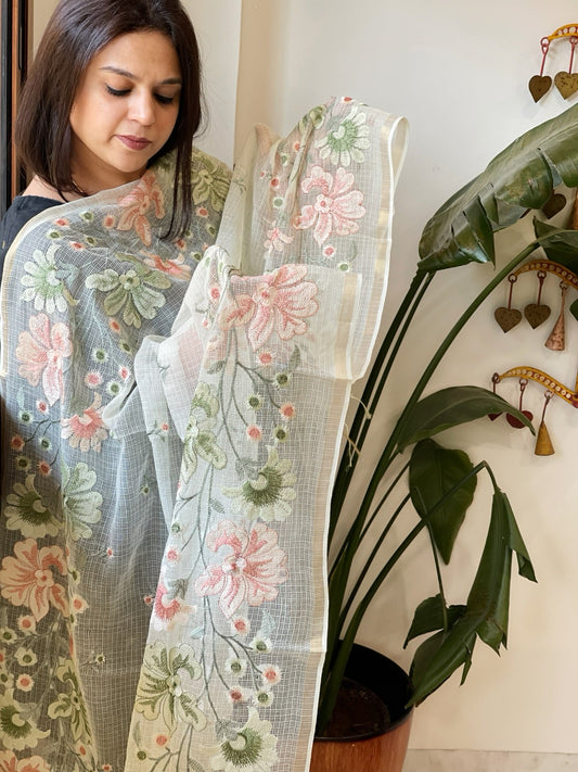 Cream with Lime Tinge Kota Cotton Dupatta with Thread Embroidery - Masakalee
