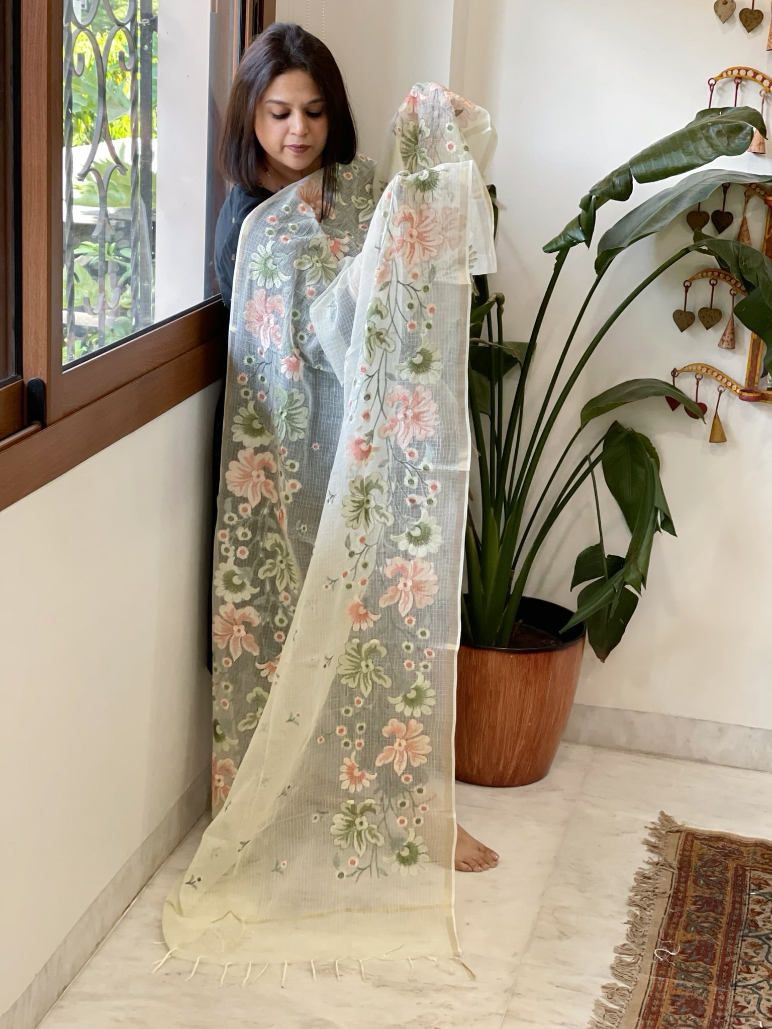 Cream with Lime Tinge Kota Cotton Dupatta with Thread Embroidery - Masakalee