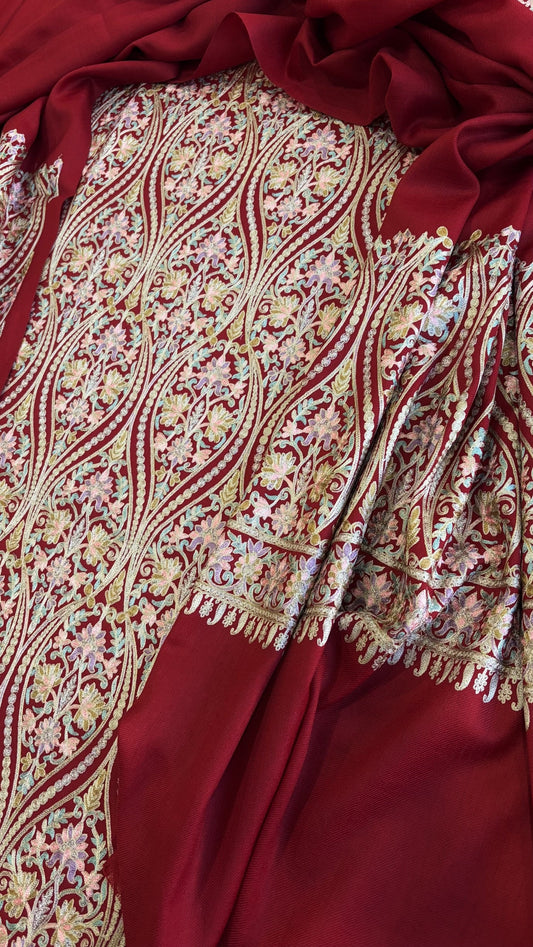 Crimson Red Winter Suit Set with Aari Work in Pashmina Wool - Masakalee