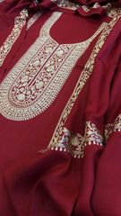 Crimson Red Winter Suit Set with Aari Work in Pashmina Wool - Masakalee