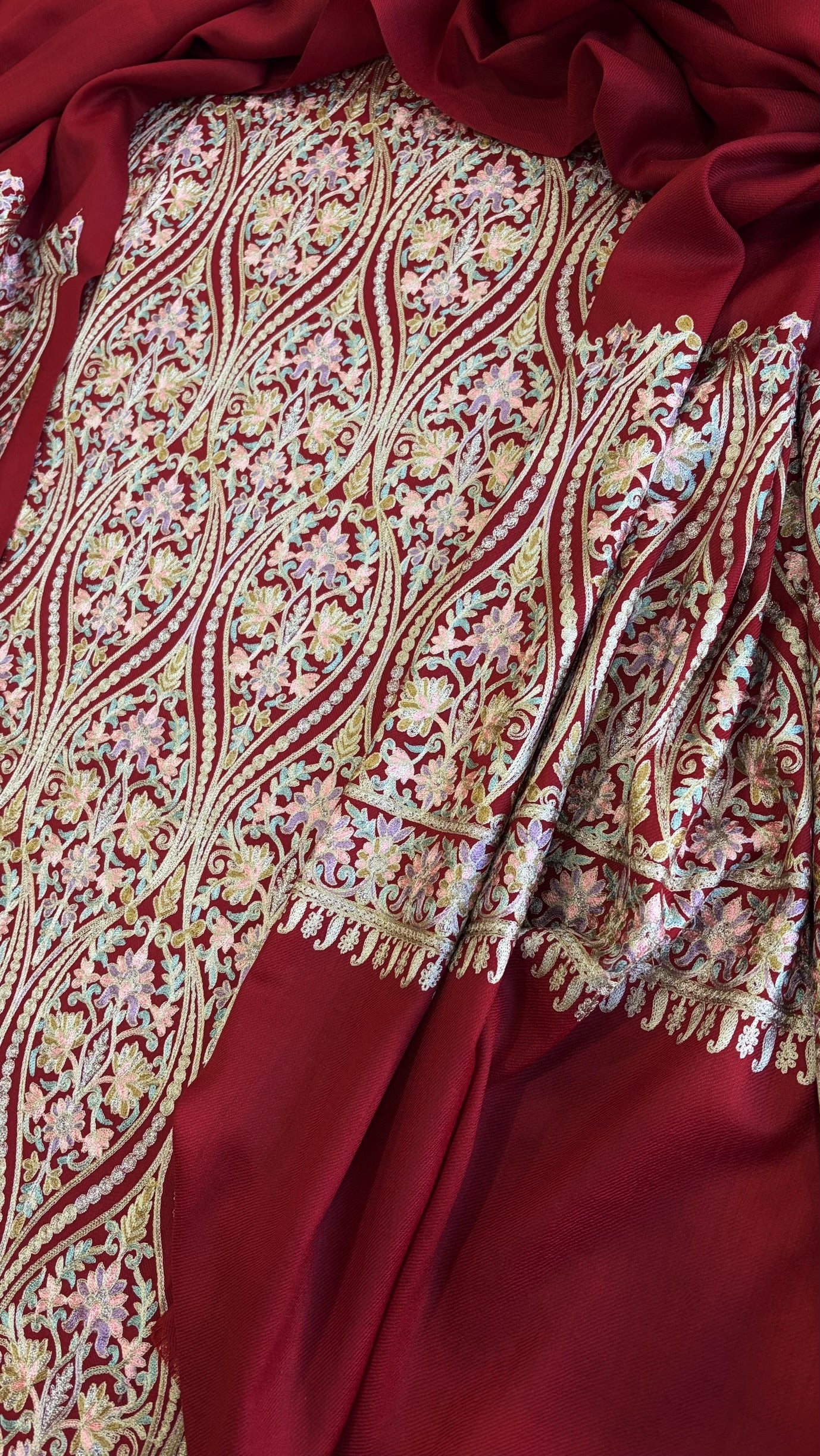 Crimson Red Winter Suit Set with Aari Work in Pashmina Wool - Masakalee