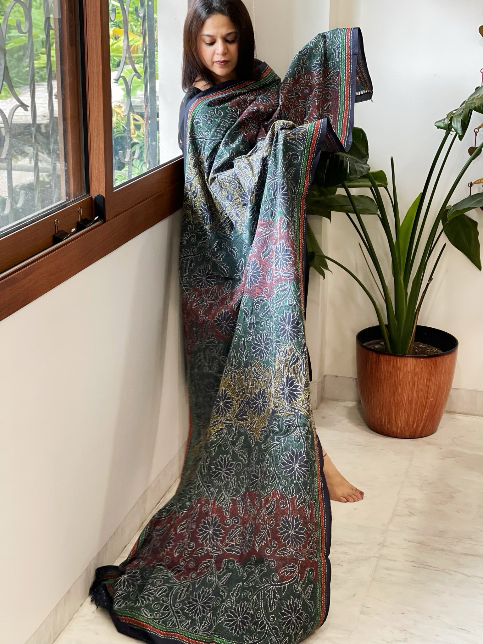 Dark Blue Handmade Reverse Kantha Dupatta in Silk - Masakalee