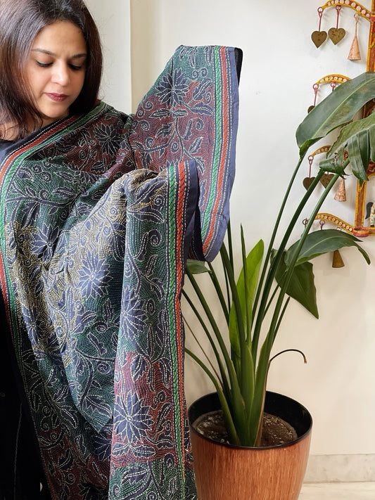 Dark Blue Handmade Reverse Kantha Dupatta in Silk - Masakalee