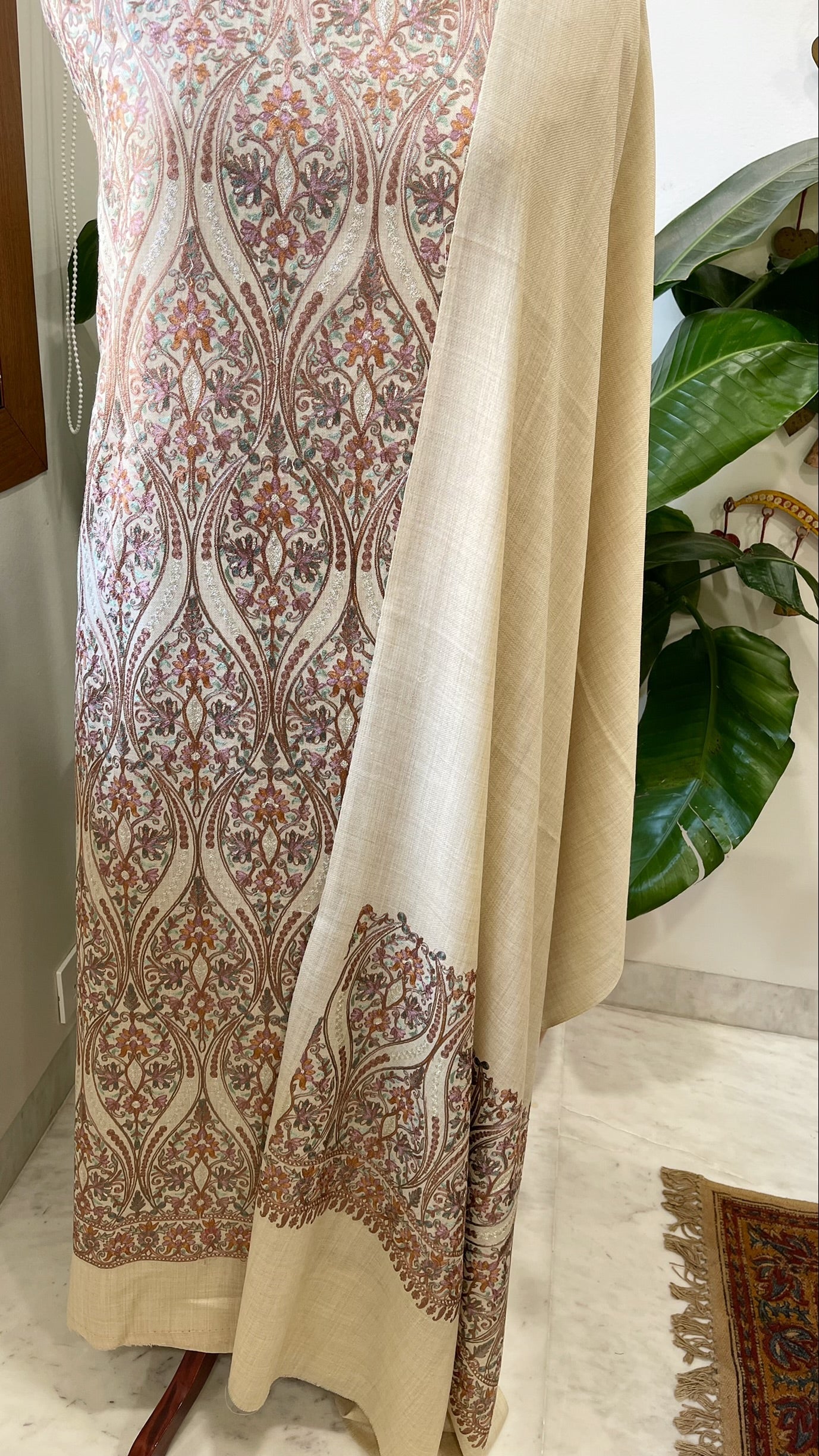 Dark Cream Winter Suit Set with Aari Work in Pashmina Wool - Masakalee