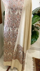 Dark Cream Winter Suit Set with Aari Work in Pashmina Wool - Masakalee