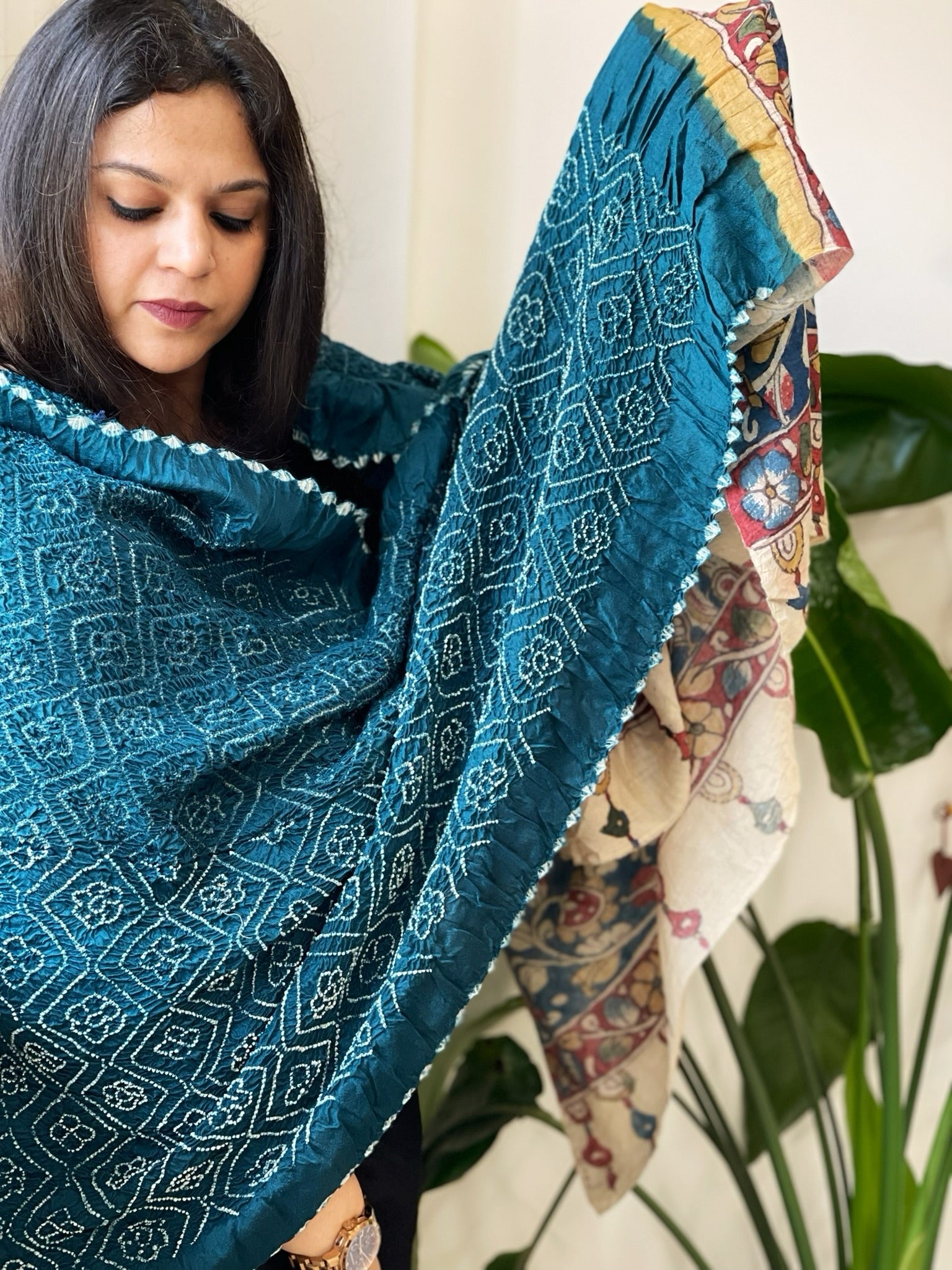 Dark Firozi Rai Bandhej Dupatta with Handpainted Kalamkari Pallu in Pure Muga Silk - Masakalee