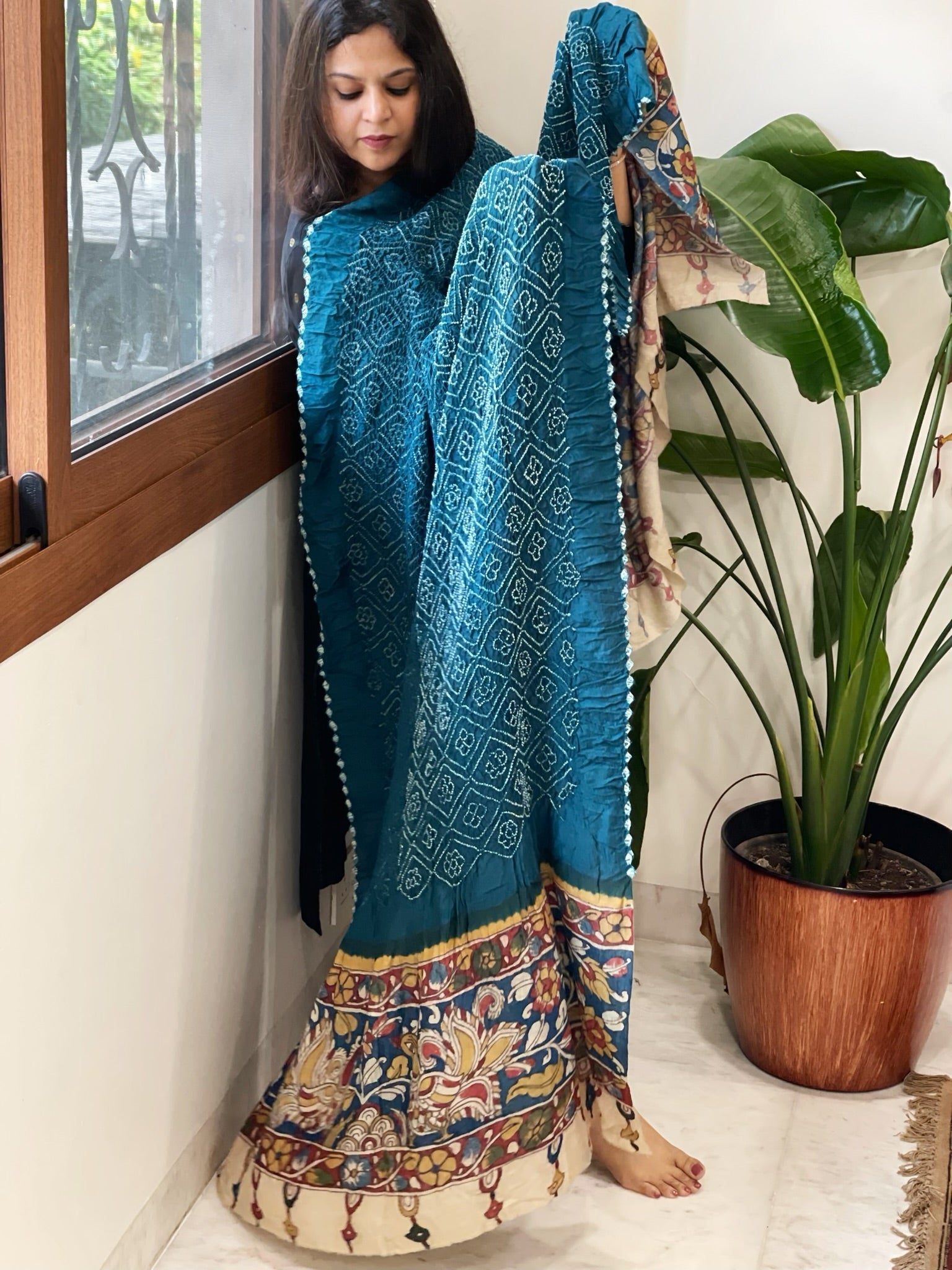 Dark Firozi Rai Bandhej Dupatta with Handpainted Kalamkari Pallu in Pure Muga Silk - Masakalee