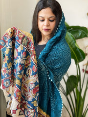 Dark Firozi Rai Bandhej Dupatta with Handpainted Kalamkari Pallu in Pure Muga Silk - Masakalee
