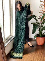 Dark Green Bandhani Dupatta with Zari Pallu in Modal Silk - Masakalee