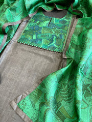 Dark Grey Dupatta Set (Kurta+Dupatta) with Handblock Print in Pure Tussar Silk - Masakalee