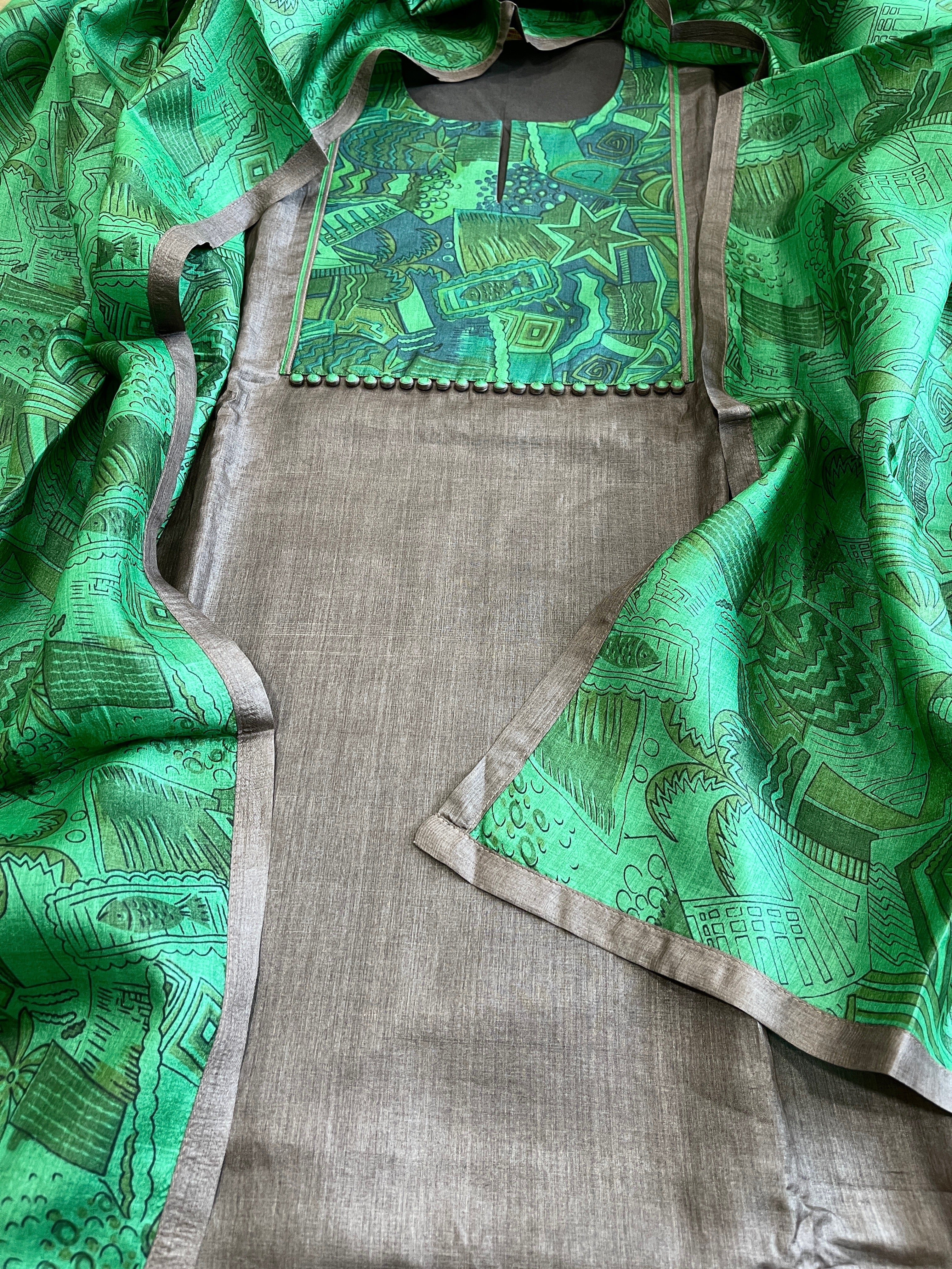 Dark Grey Dupatta Set (Kurta+Dupatta) with Handblock Print in Pure Tussar Silk - Masakalee