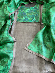 Dark Grey Dupatta Set (Kurta+Dupatta) with Handblock Print in Pure Tussar Silk - Masakalee
