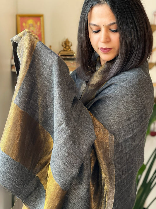 Dark Grey Pashmina Shawl with Zari - Masakalee