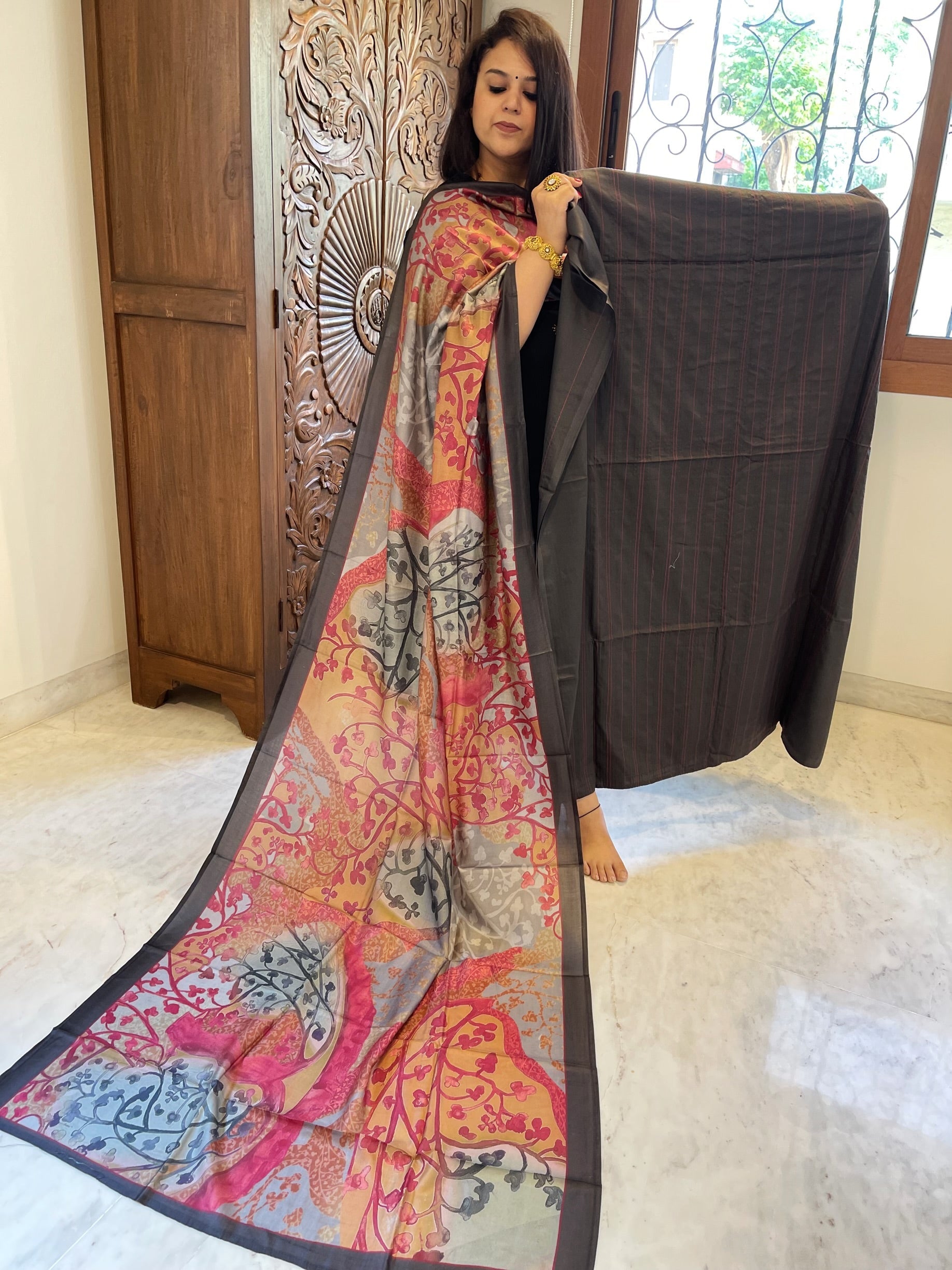 Dark Grey Suit Set with Kantha Stitch Work on Glazed Cotton - Masakalee