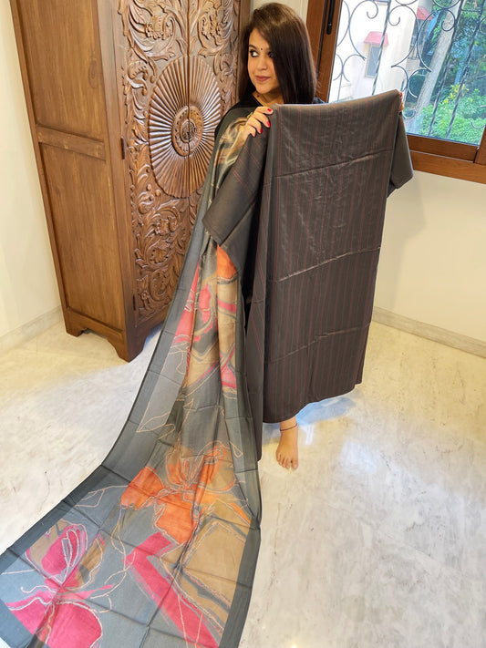 Dark Grey Suit Set with Kantha Stitch Work on Glazed Cotton - Masakalee