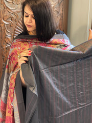 Dark Grey Suit Set with Kantha Stitch Work on Glazed Cotton - Masakalee