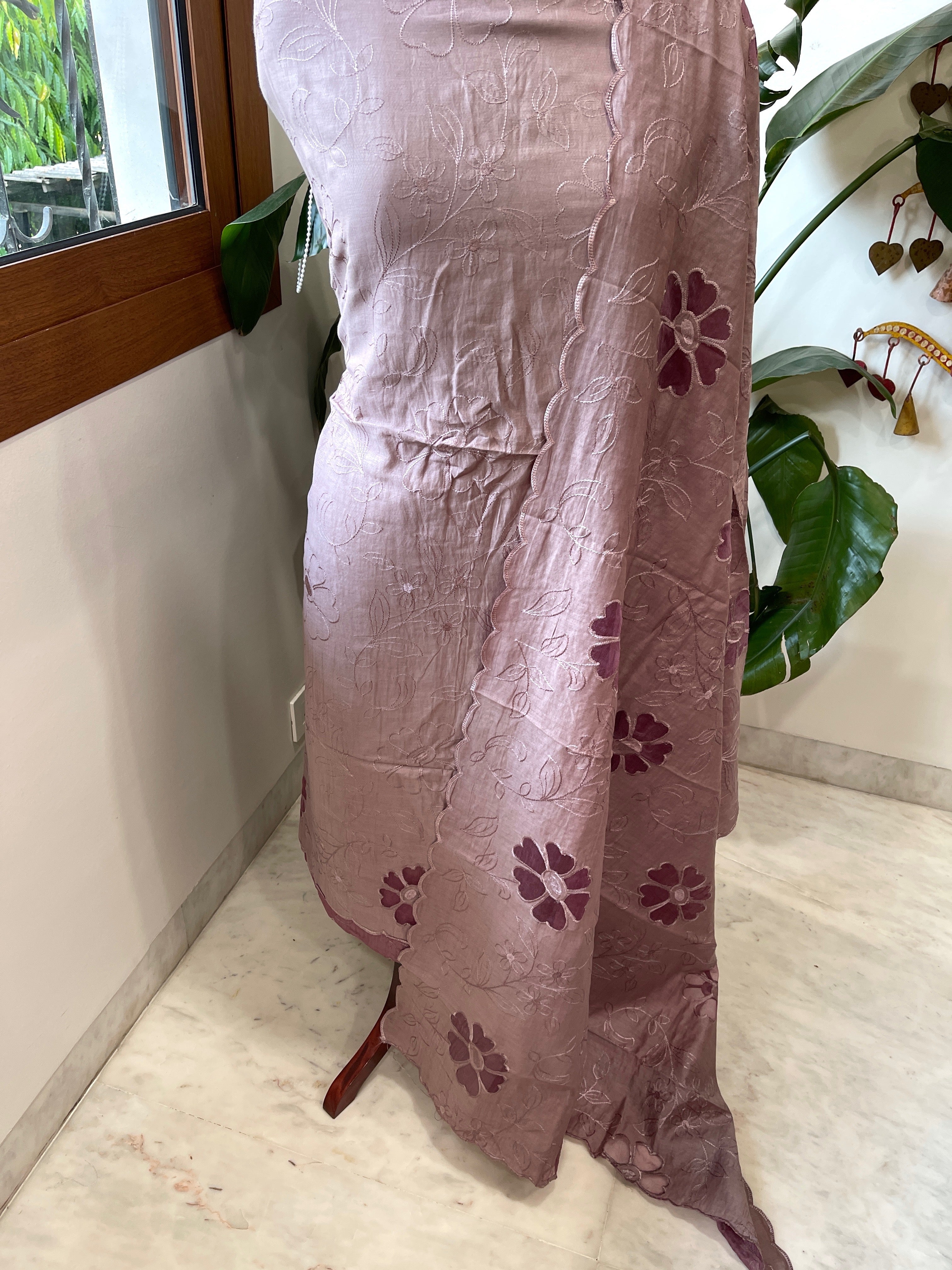 Dark Lilac Mul Chanderi Suit Set with Cut Work - Masakalee
