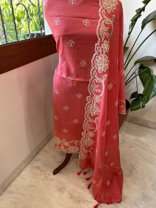 Dark Peach Applique Suit Set in Mul Chanderi - Masakalee