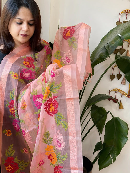 Dark Peach Organza Dupatta with cross - stitch embroidery - Masakalee