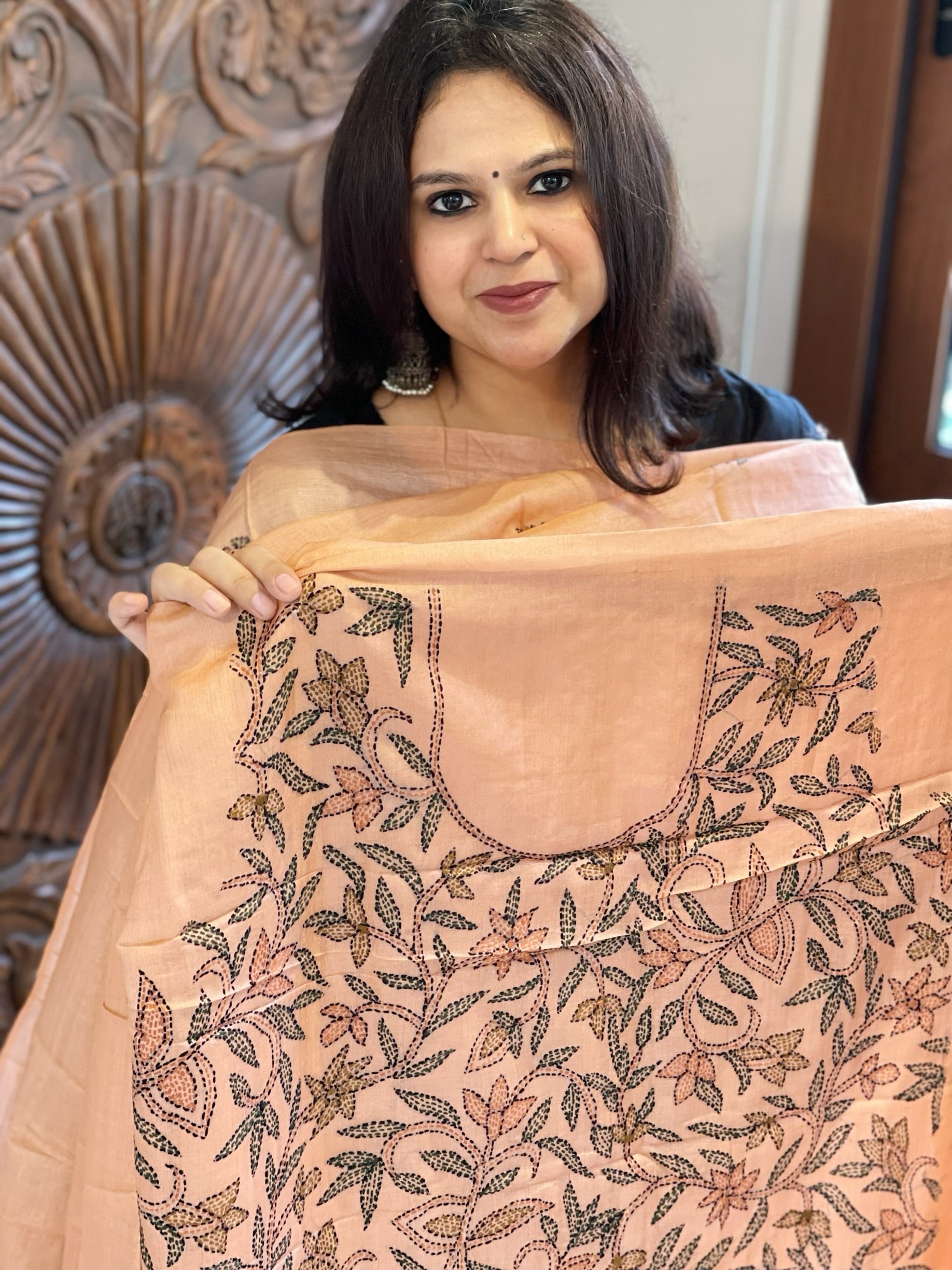 Dark Peach Suit Set with Kantha Handwork in Pure Tussar Silk - Masakalee
